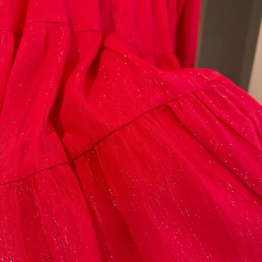 Crystal Doll Red Shimmer Ruffled tiered Women's Dress Size L - Picture 8 of 8